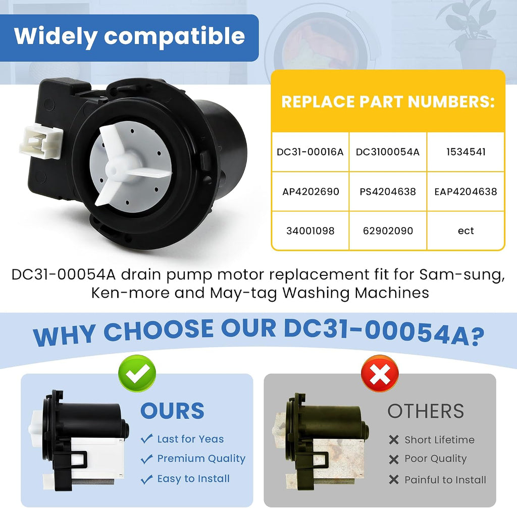 DC31-00054A Washer Drain Pump by AMI PARTS Replaces DC31-00016A AP4202690 62902090- Fit for kenMore samSung Washing Machine
