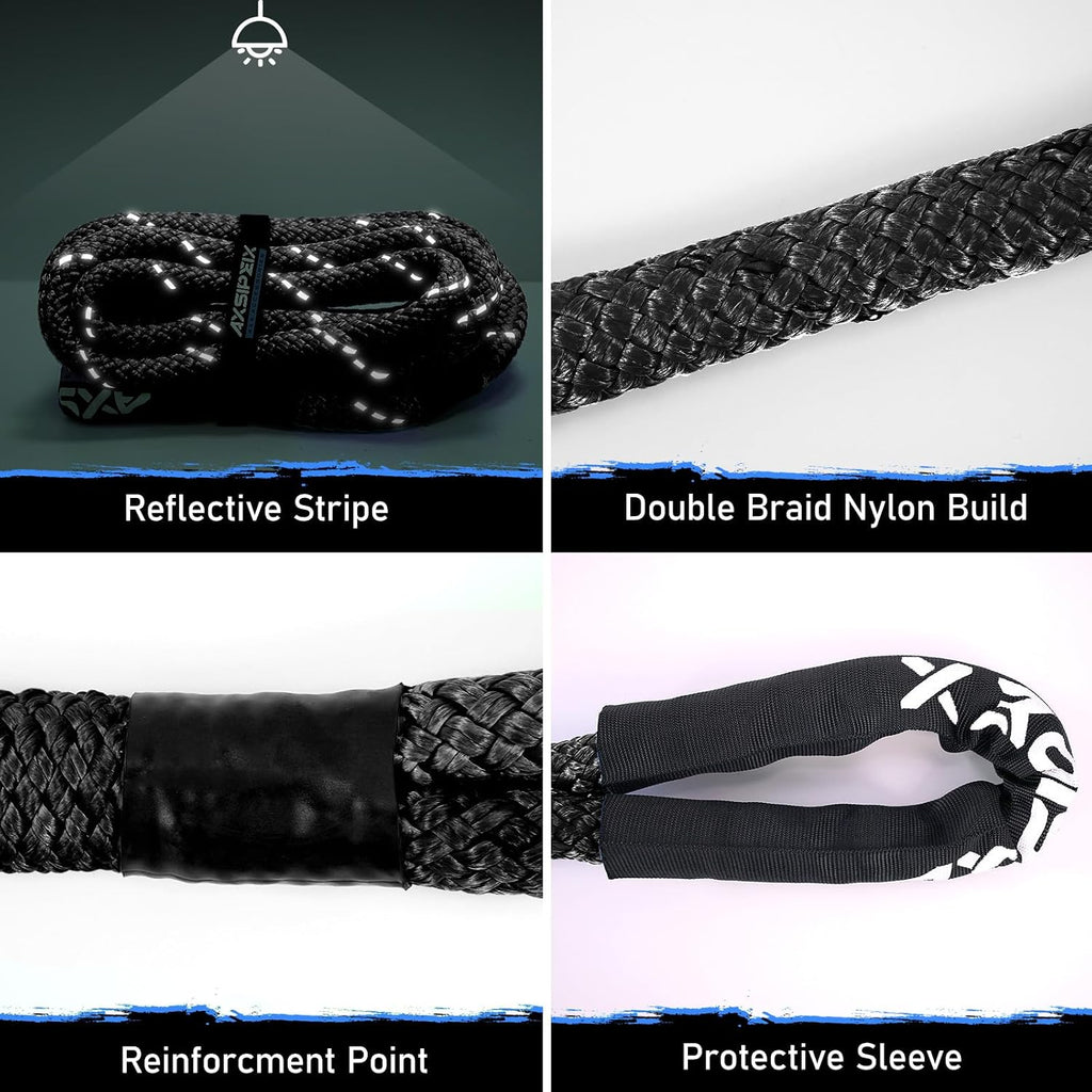 Kinetic Recovery Rope Kit (Reflective), 1.25in x 30ft 56,000Lbs, 35% High Elasticity, w/ 2 Soft Shackles, 18,666Lbs