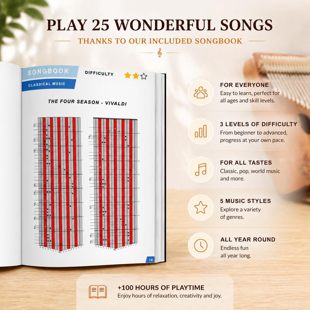 Kalimba 17 Keys Thumb Piano with 25-Song Songbook | Case & Stand | Varnished wood finger piano with protective case