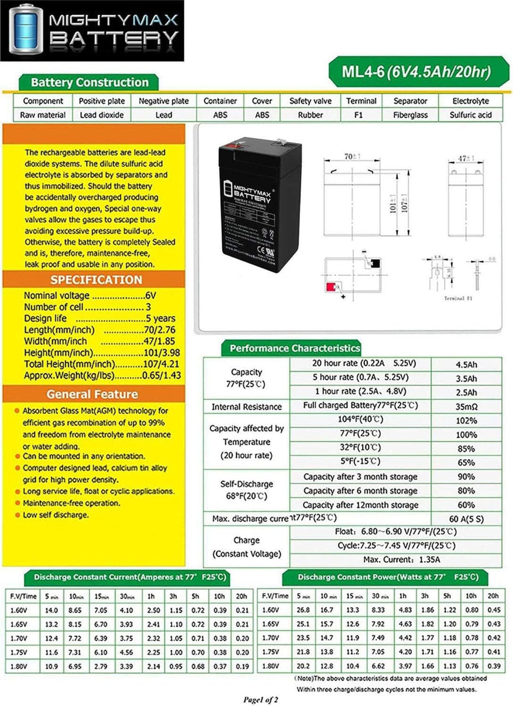 ML4-6 - 6 Volt 4.5 AH SLA Battery - 6 Pack