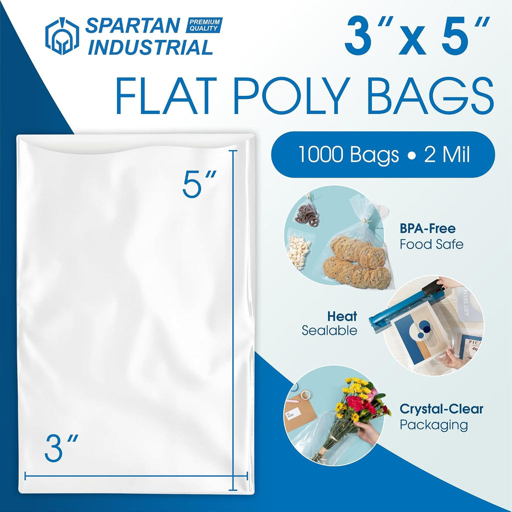 3" X 5" Open-End Flat Poly Bags (1000 Count) - 2 Mil Clear