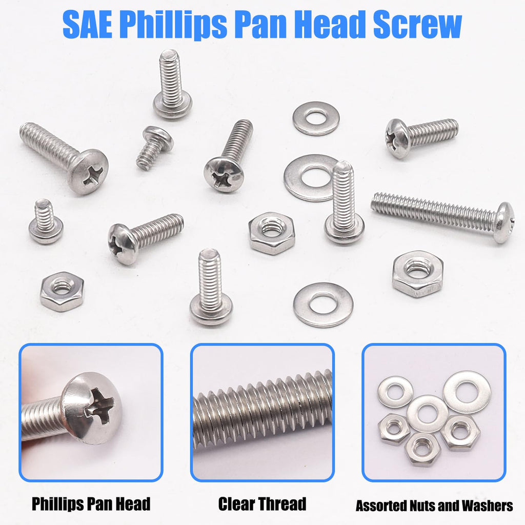 Nuts and Bolts Assortment Kit, 304 Stainless Steel Bolts 8 Sizes #6-32#8-32#10-24 Phillips Pan Head Machine Screws