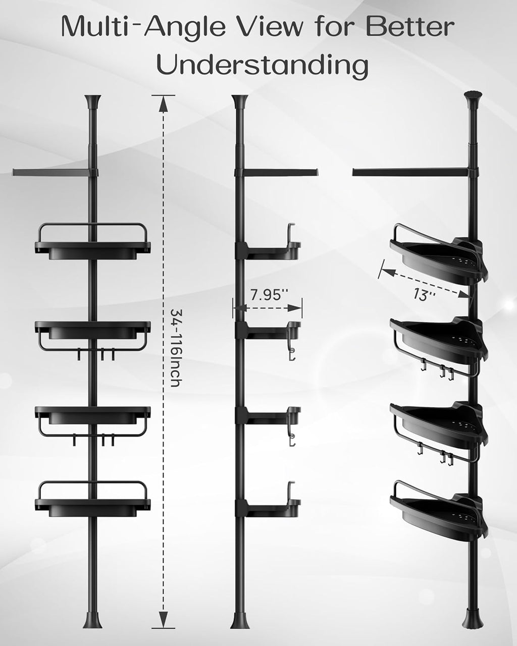 Corner Shower Caddy Tension Pole, Extendable Rustproof Stainless Steel Pole & 4-Tier Adjustable Shelves for Easy