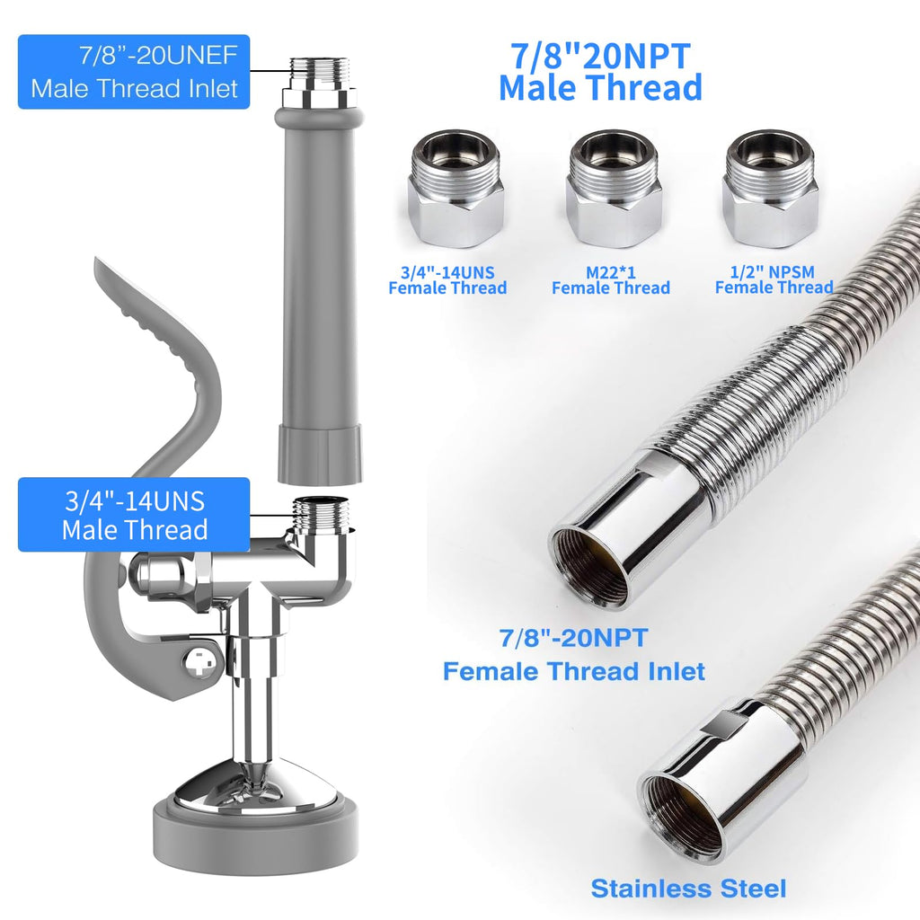 MSTJRY Spray Valve with 45" Pre Rinse Hose, Commercial Sink Sprayer Hose Pre Rinse Sprayer with Flexible Stainless Steel Hose Assembly for Commercial Kitchen Faucets(Grey, with 3 adapters)