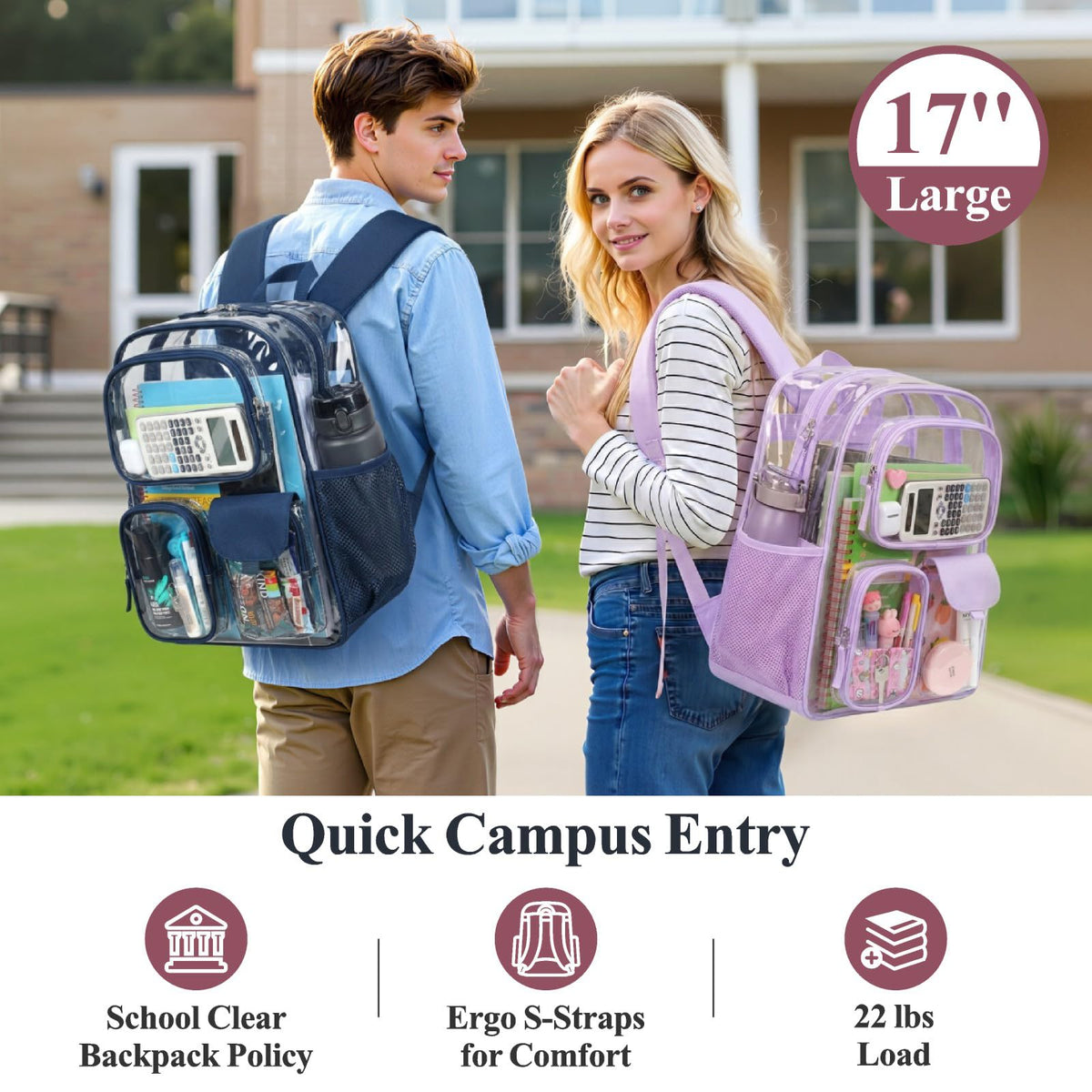 Clear Backpack for School - 17 inch Heavy Duty Bookbag, Purple