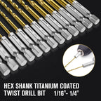 MACXCOIP 19Pcs(1/16" - 1/4") Hex Shank Titanium Twist Drill Bit Set