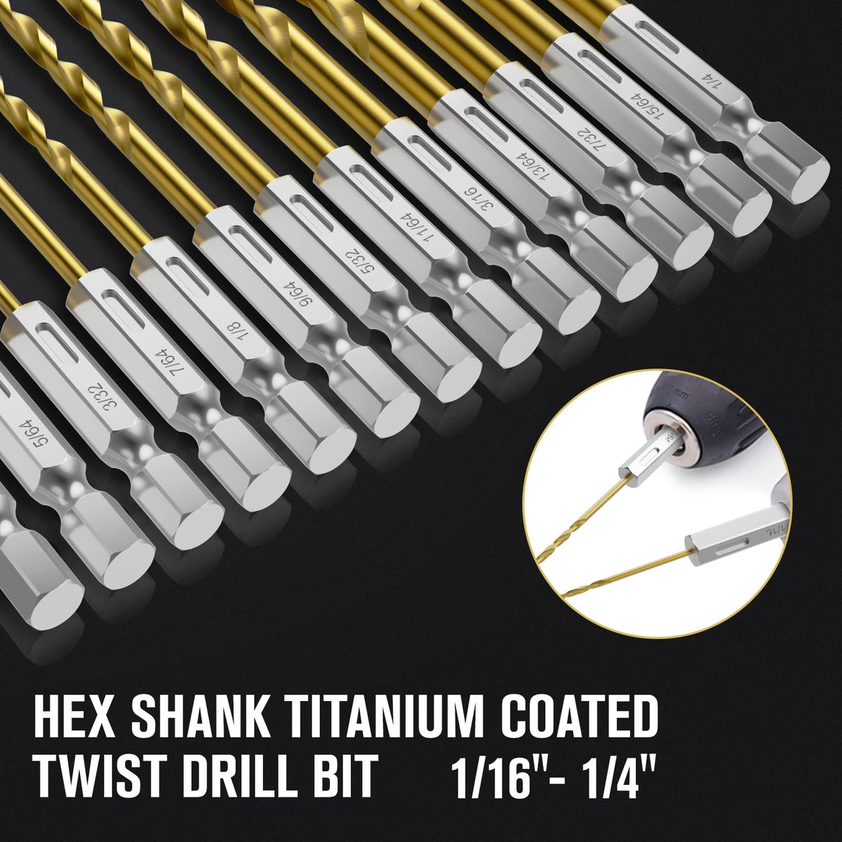 MACXCOIP 19Pcs(1/16" - 1/4") Hex Shank Titanium Twist Drill Bit Set