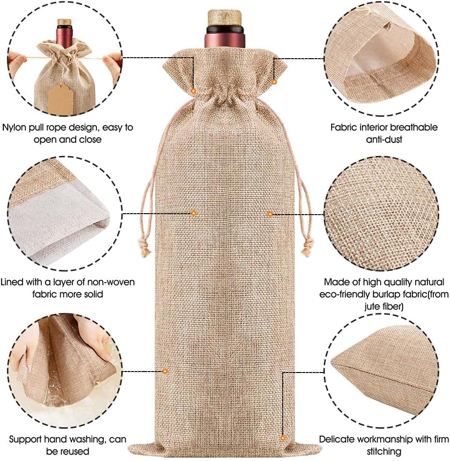 12Pcs Premium Burlap Wine Bags and 12Pcs Gift Tags, Reusable Wine Gift Bags with Drawstrings, Wine Bottle Bags, Wine