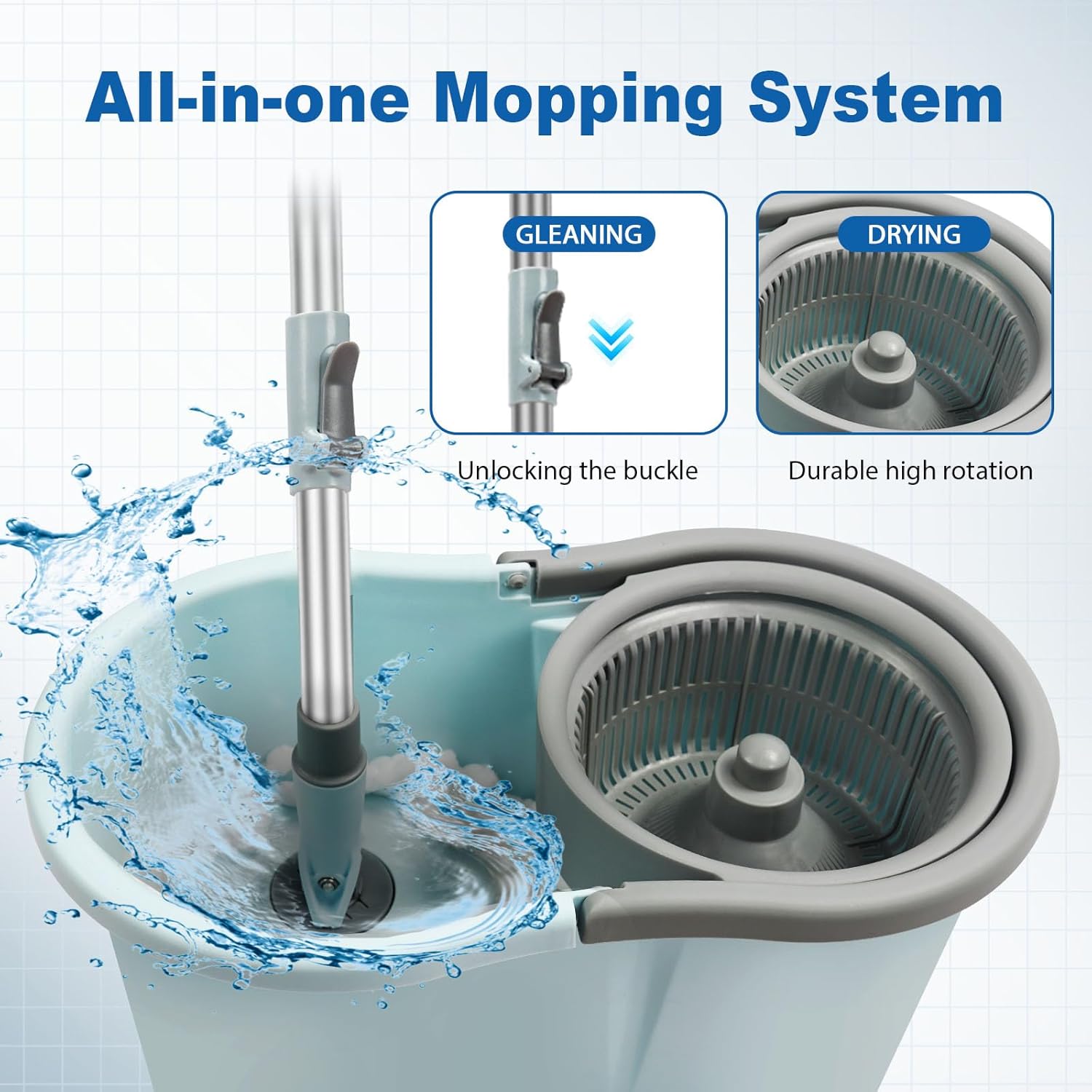 Spin Mop and Bucket, Mop and Bucket with Wringer Set for Home, 360 Spinning Mop Bucket Floor Cleaning Tool with 3