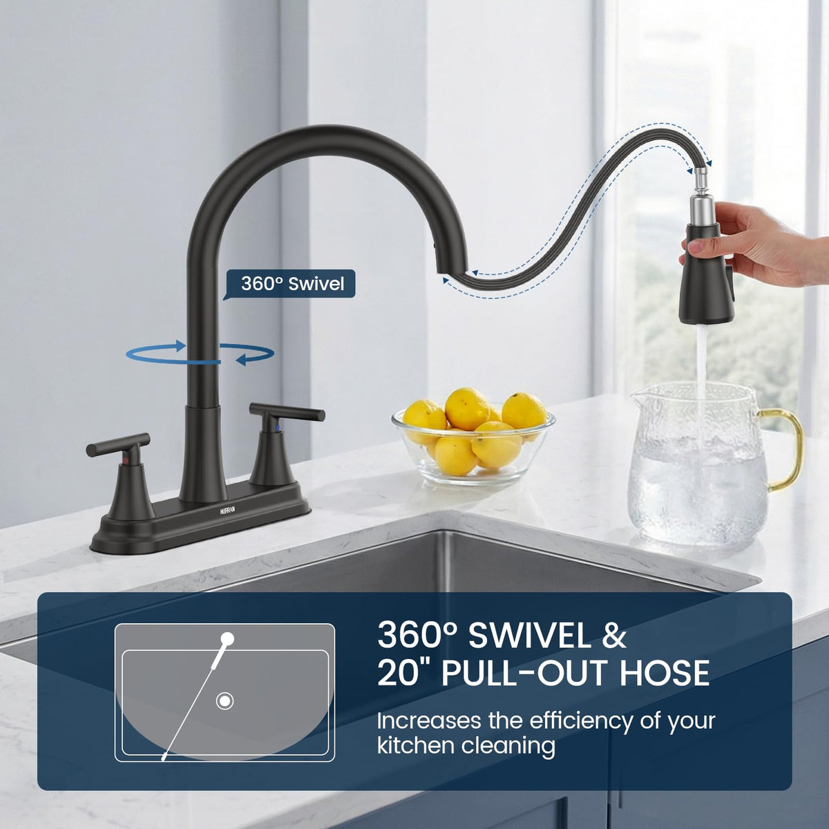 8" 2-Handle Pull Down Kitchen Faucet & Soap Dispenser Matte Black