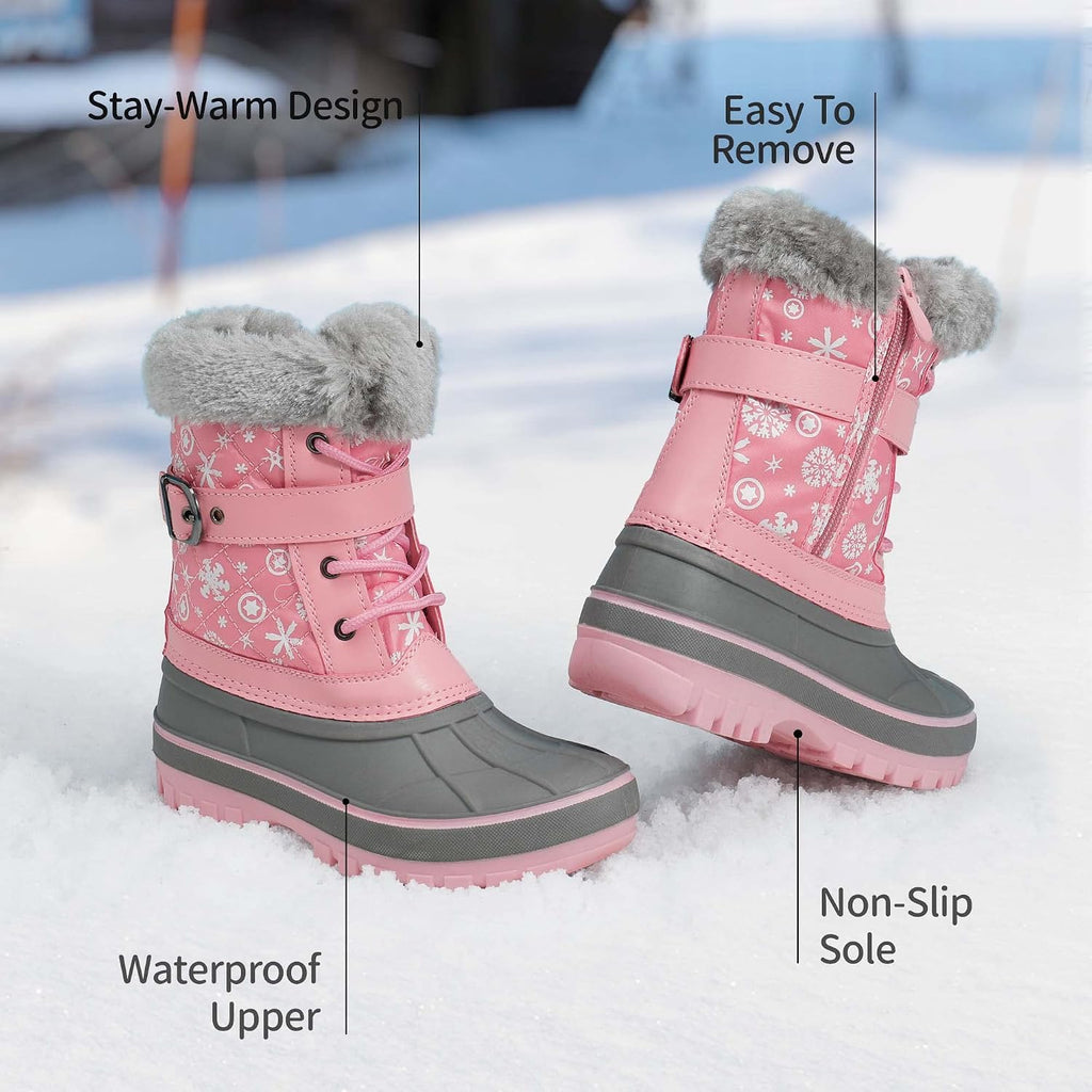 Girls Snow Waterproof Winter Boots | Warm Faux Fur Lined Outdoor Secure Grip Anti Slip Outsole Easy Wear Windproof