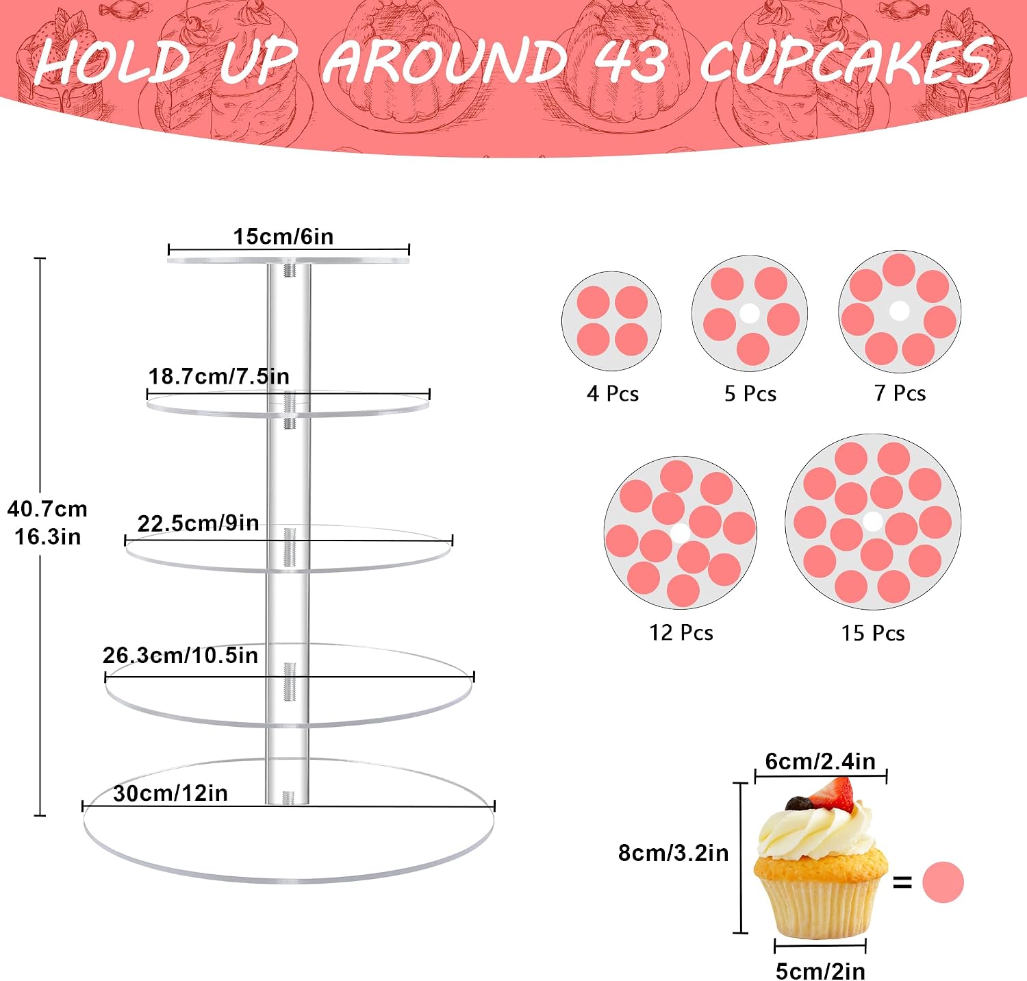 Cupcake Stand for 53 Cupcakes Clear 5 Tier Round Cupcake Tower for Wedding