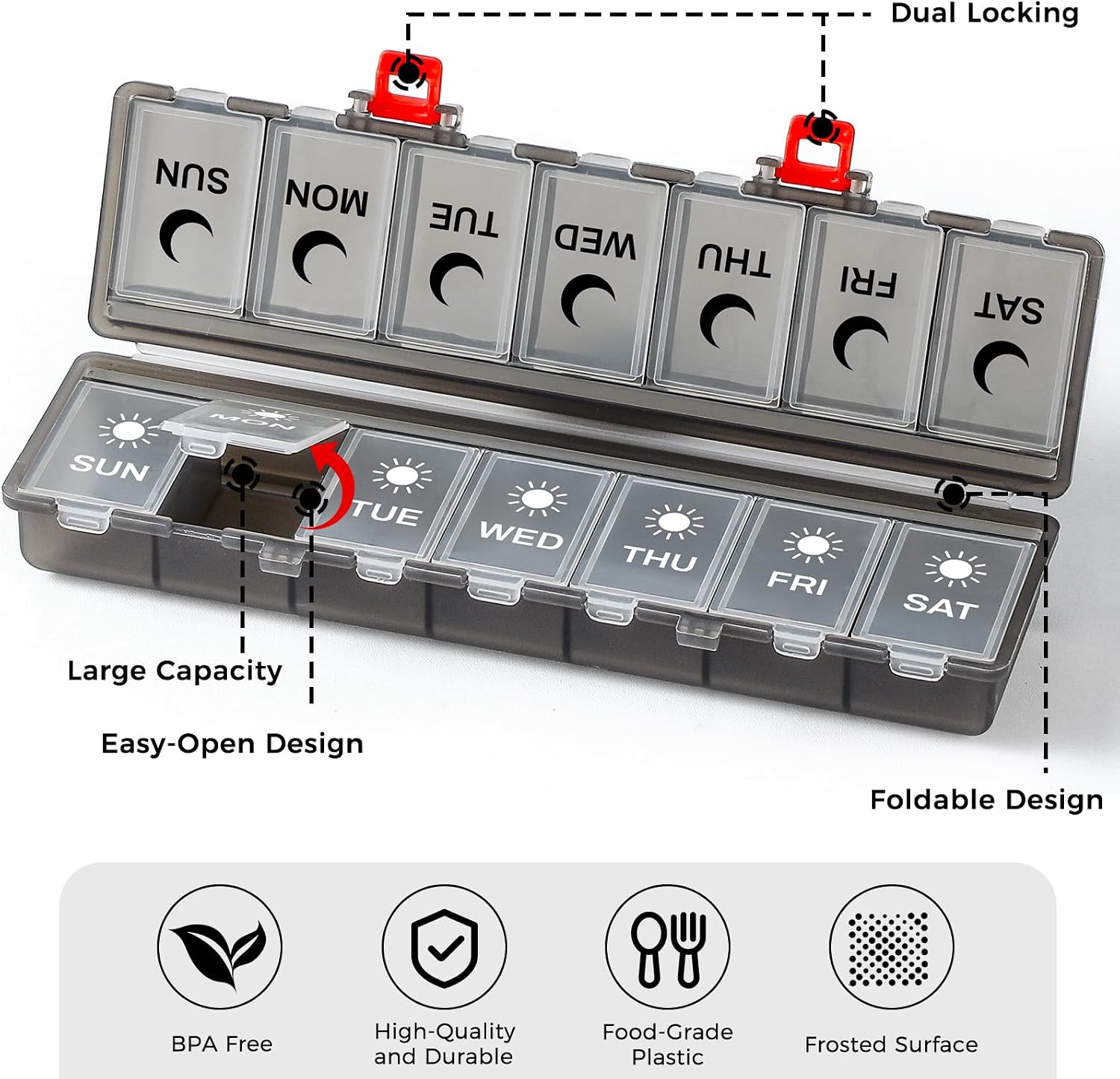 Foldable Pill Organizer Weekly 2 Times a Day, 7 Day Portable AM PM Travel Pill Case with Black&White Labels