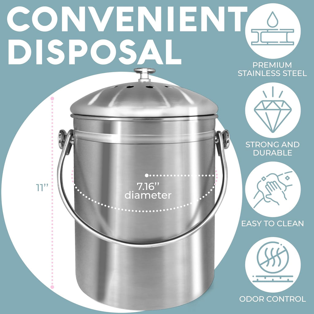 Kitchen Compost Bin for Kicthen Countertops, 1.3 Galllon - Silver | Stainless Steel, Rust- Resistant, Resistant to