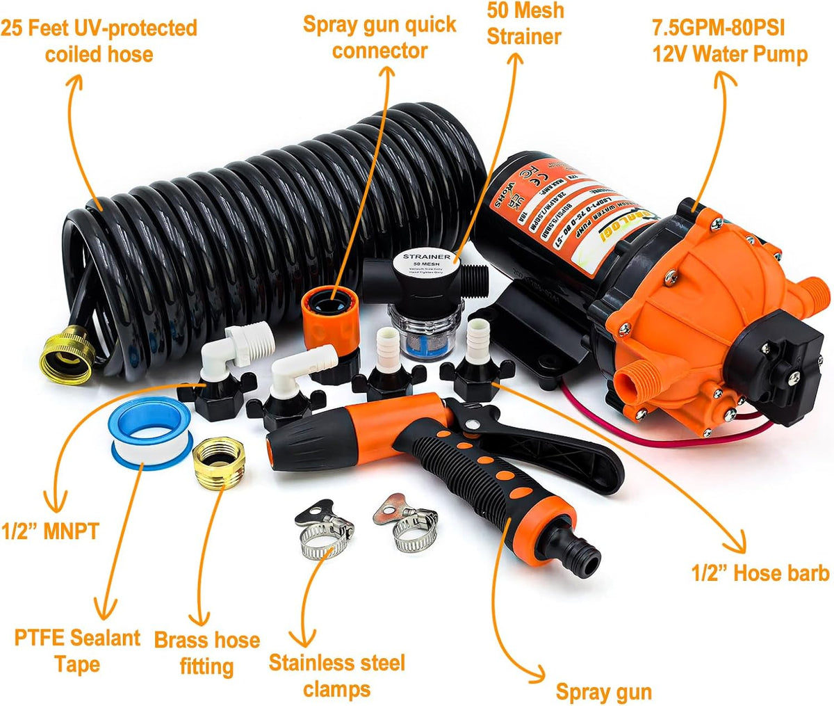 12V Washdown Pump Kit 7.5GPM 80PSI Self Priming for Marine RV Boat