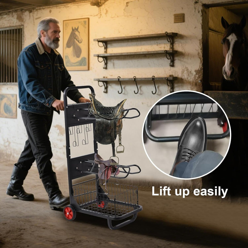 Saddle Rack Cart, Portable Saddle Stand with Wheels, 3 Tier Heavy Duty Horse Equipment Cart with Removable Saddles
