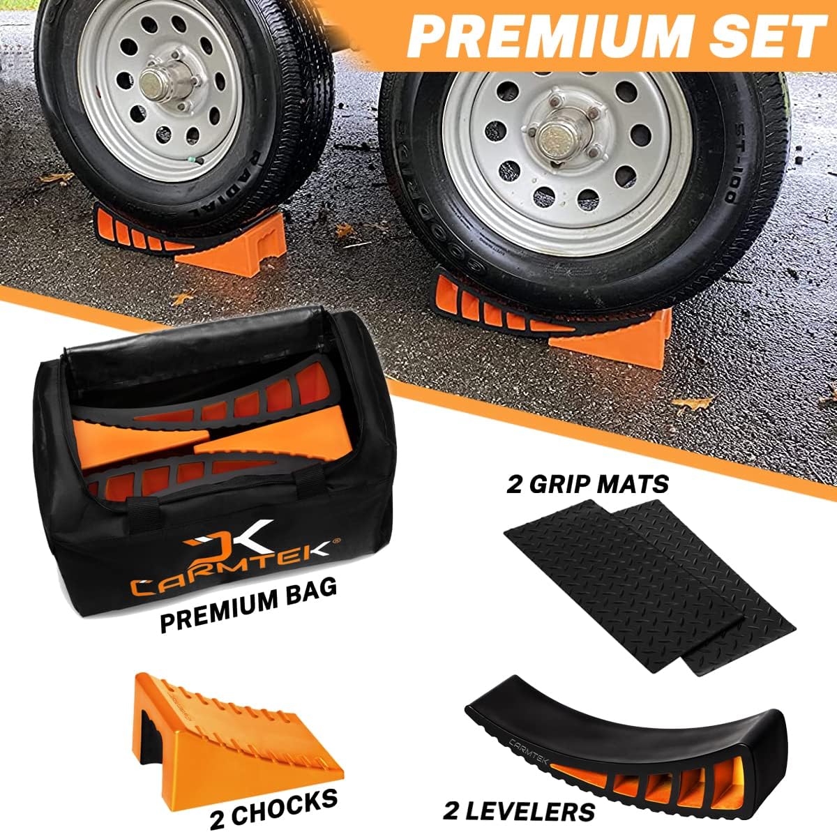 Camper Leveler Premium Kit - Curved RV Levelers with Camper Wheel Chocks, Rubber Mats and Carry Bag | Faster Camper