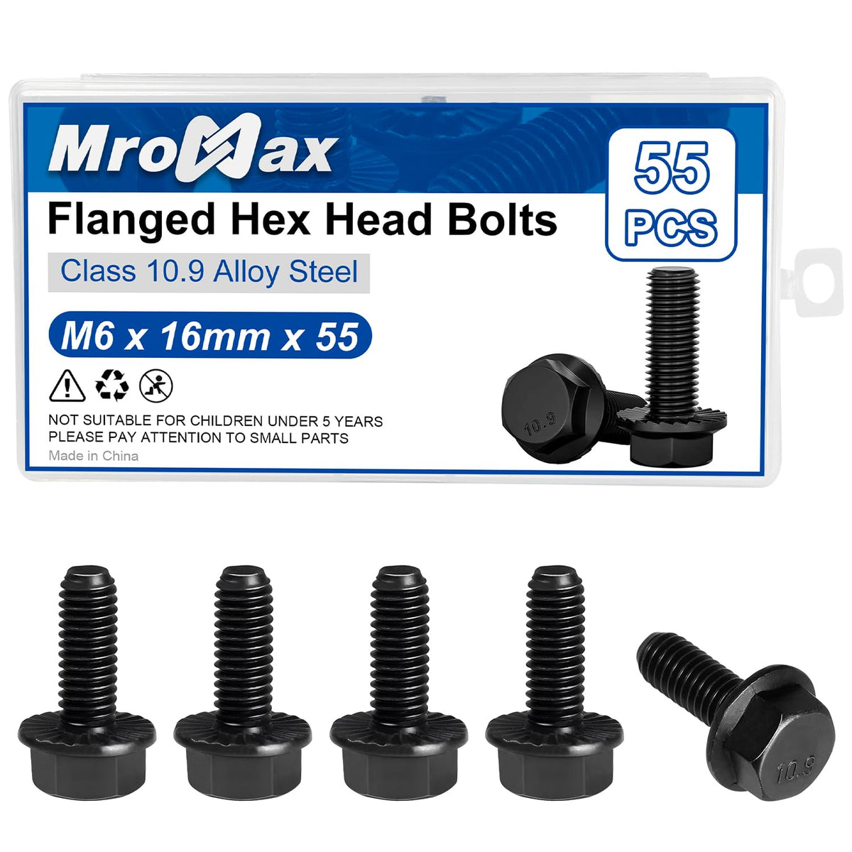 M6-1.0 x 16mm Flanged Hex Head Bolts, 55Pcs Serrated Flange Bolt