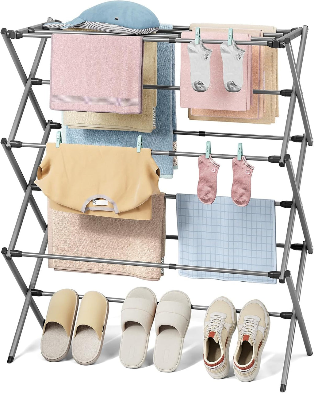 3-Tier Extendable Clothes Drying Rack, Small & Foldable, Grey | 37.4"H x 33.8"W x 11.2"D, Space-Saving Collapsible