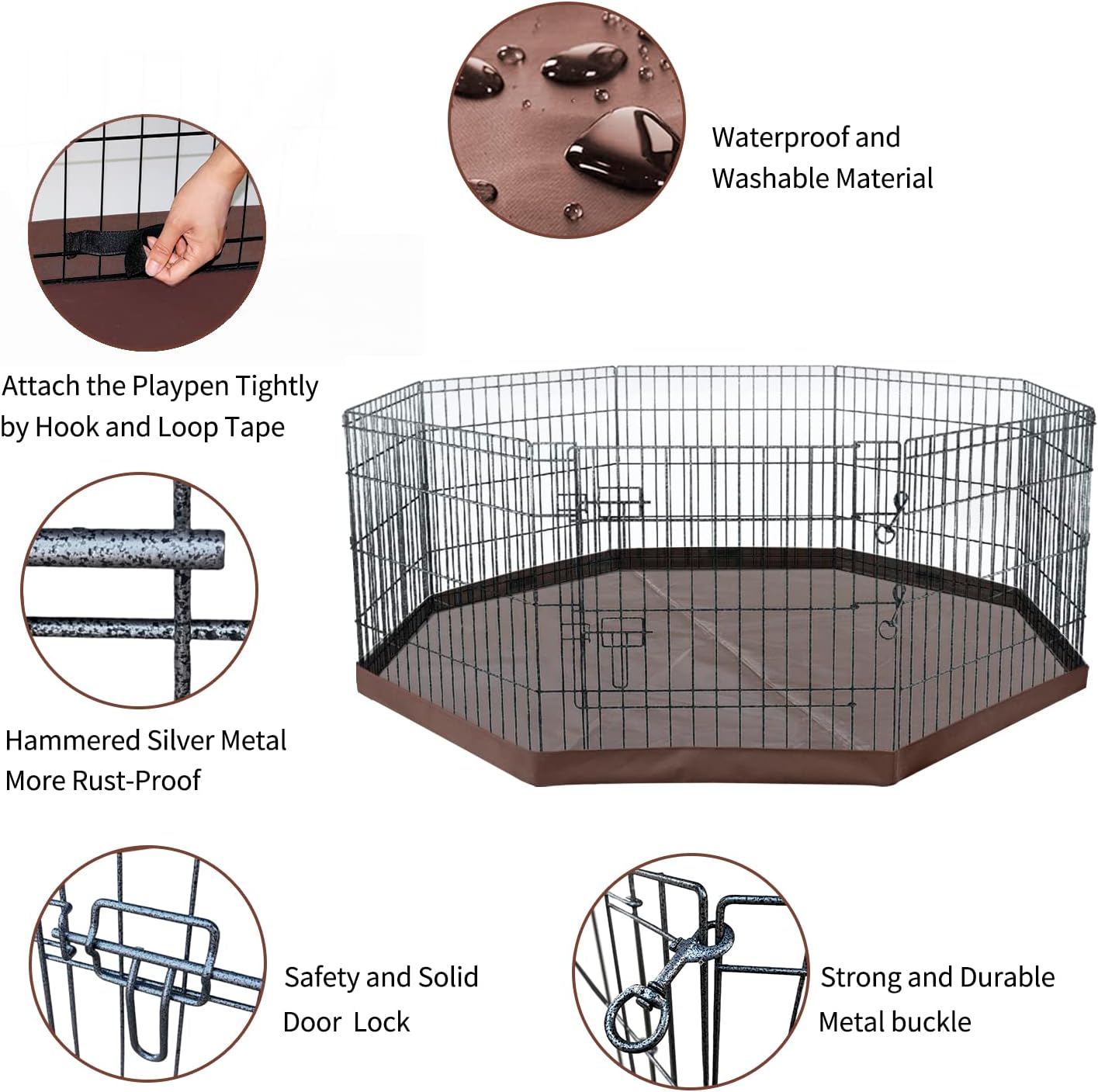 Foldable Silver Metal Dog Exercise Playpen Gate Fence Dog Crate 8 Panels 30 Inch Height Puppy Kennels with Bottom Pad
