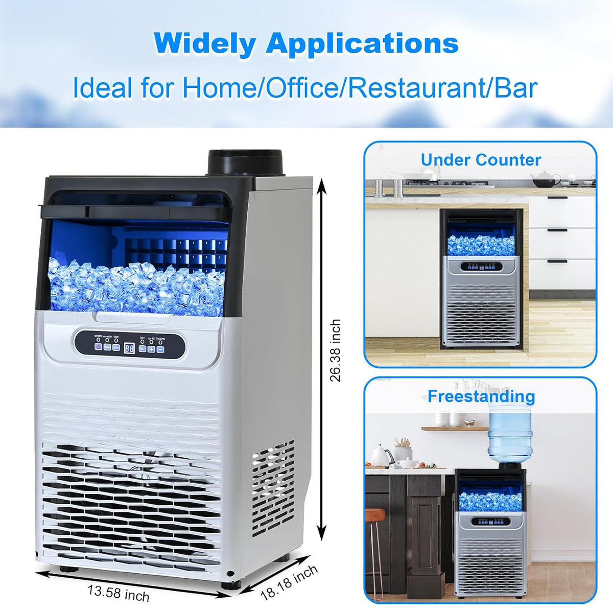 Commercial Ice Maker, 100lbs/24H, Under Counter/Freestanding
