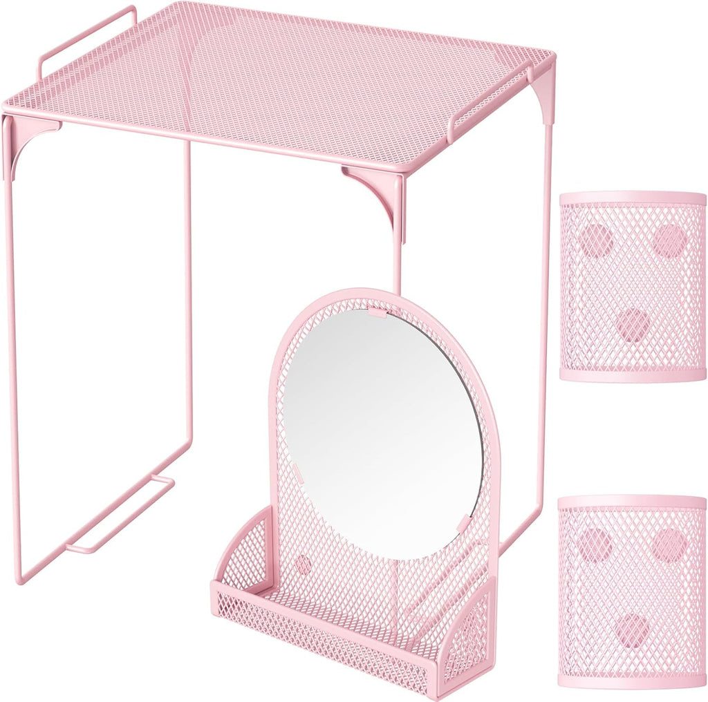 Locker Shelf with Locker Mirror Magnetic & 2 Magnetic Pen Cups, Locker Organizer for Work, Mesh Metal Locker