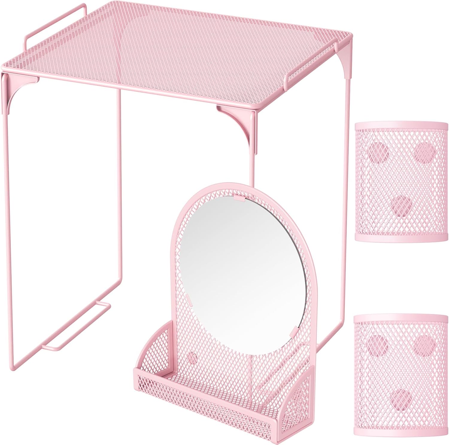 Locker Shelf with Locker Mirror Magnetic & 2 Magnetic Pen Cups, Locker Organizer for Work, Mesh Metal Locker