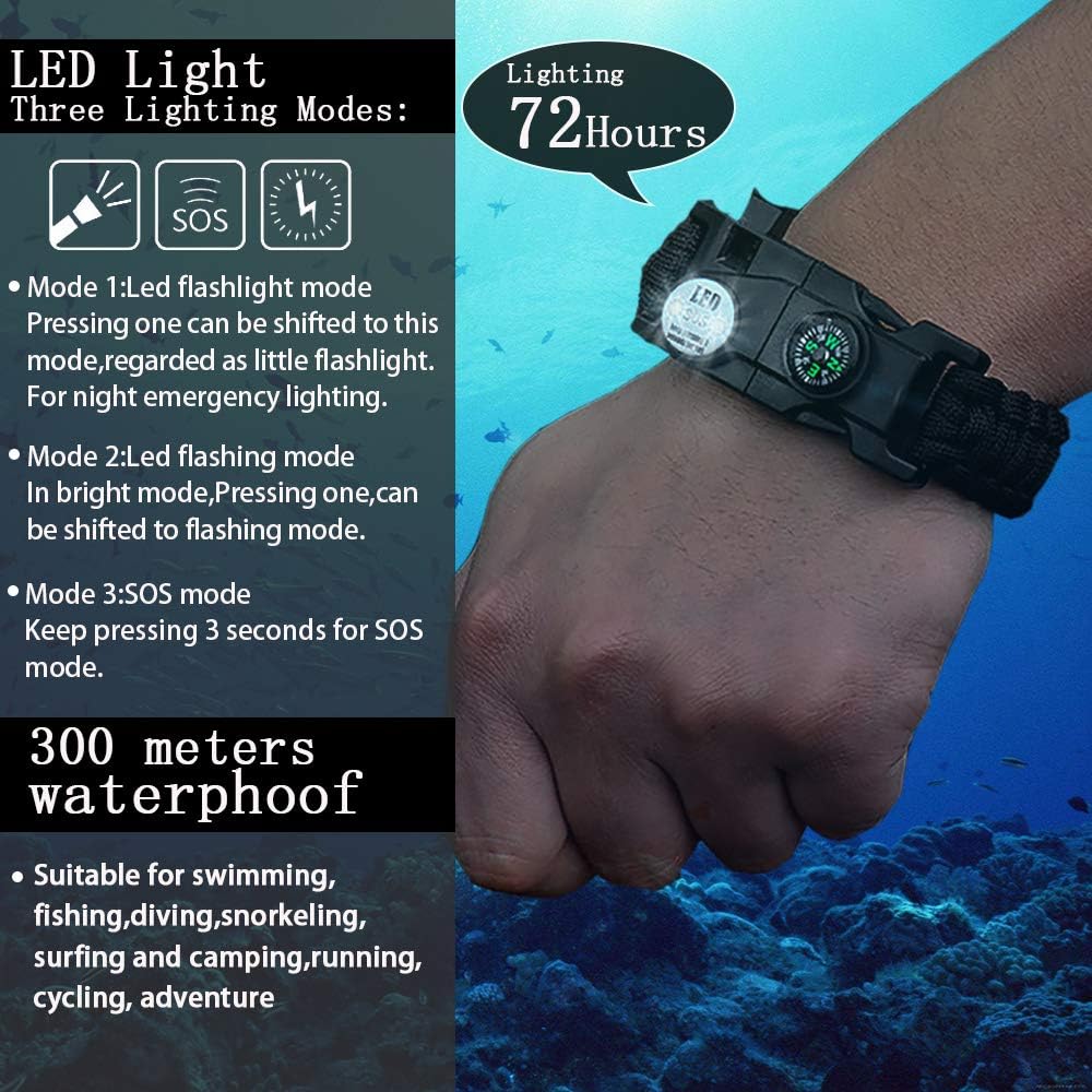 Survival Paracord Bracelet,Fire Starter,Waterproof SOS Light, Compass, Whistle, Adjustable AK87 20 in 1,Outdoor