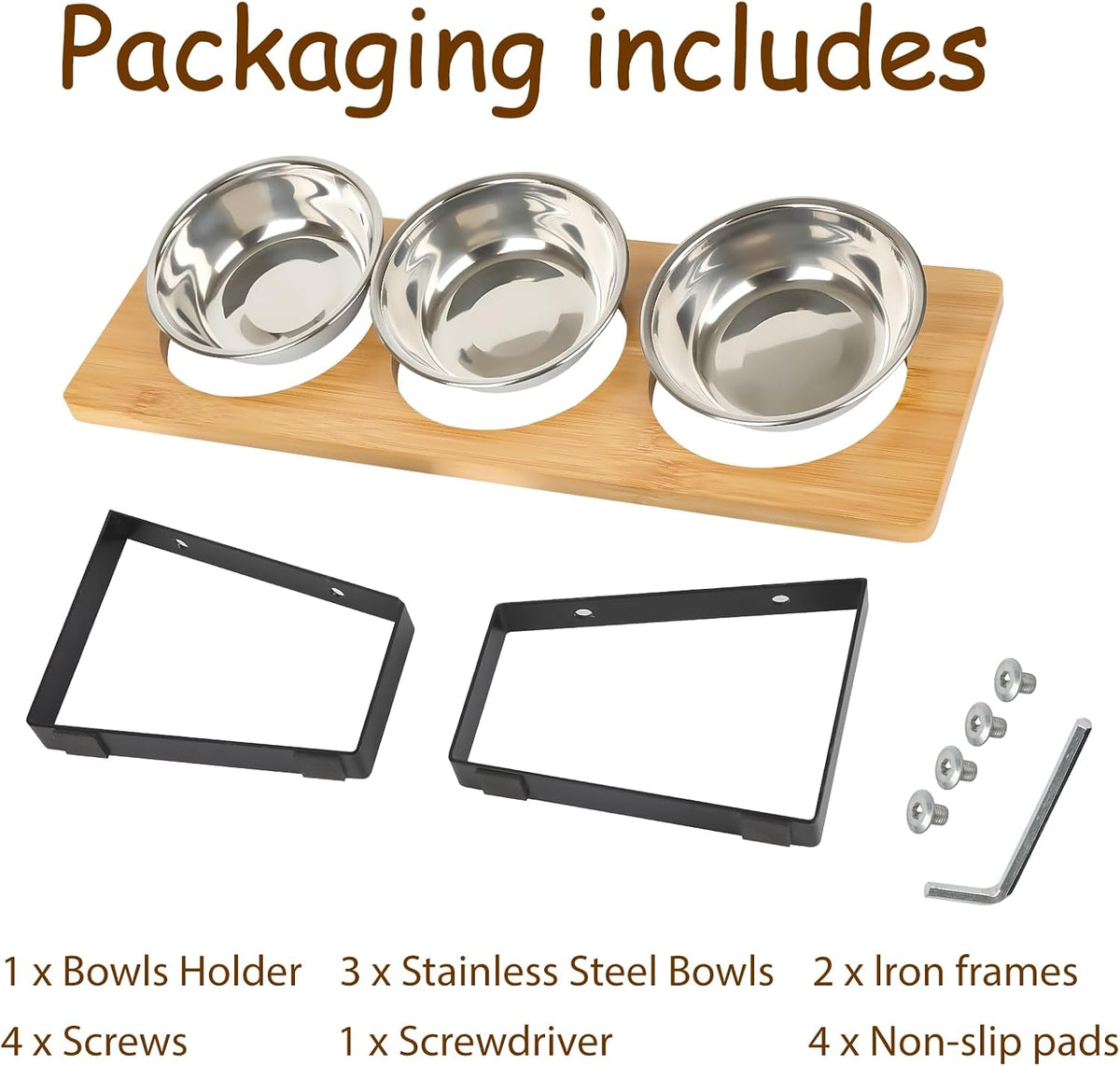 Elevated Cat Bowl, 15° Tilted Cat Bowl Stand with 3 Stainless Steel Bowls for Indoor Cats and Pet, Raised Cats Bowls