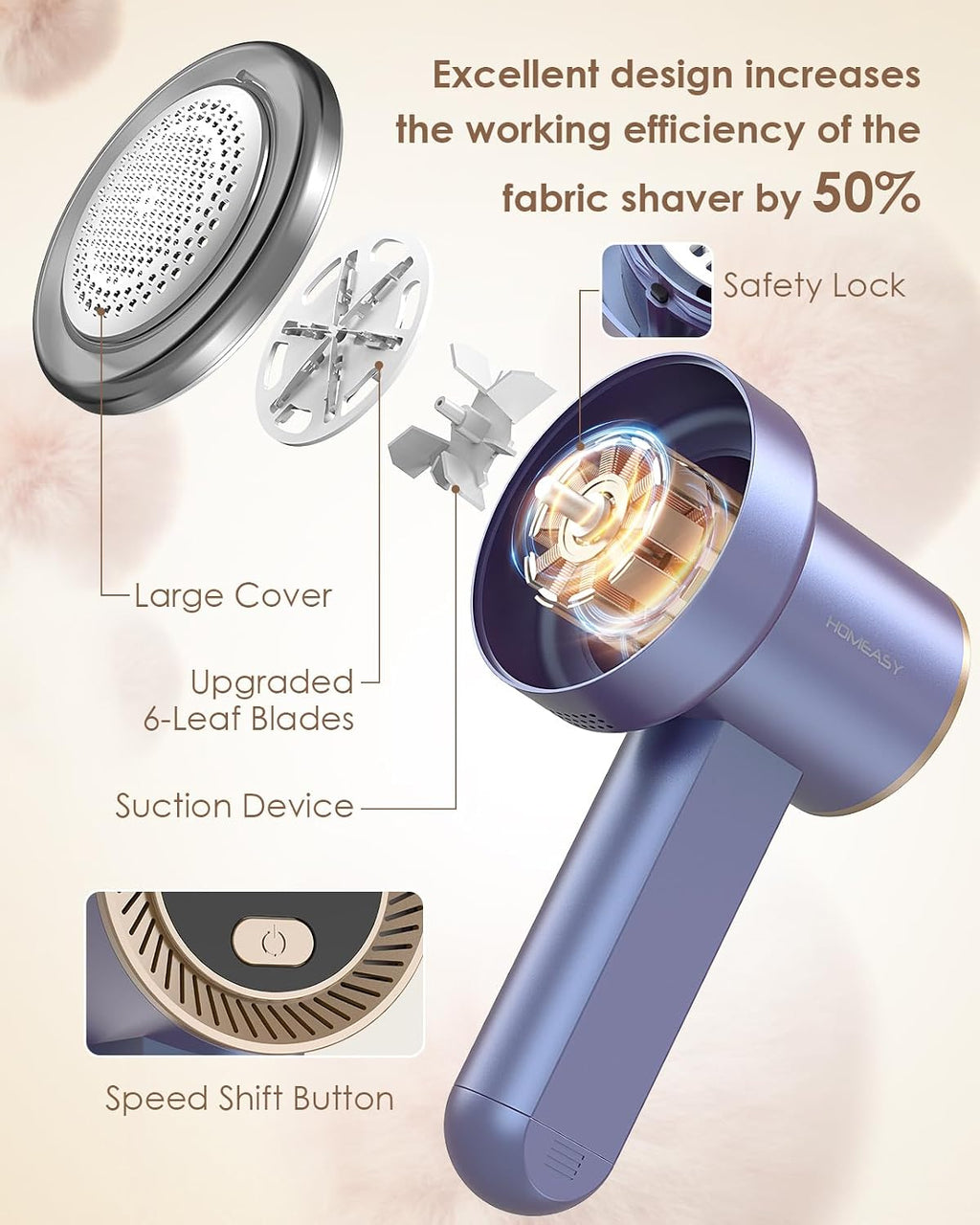 Fabric Shaver, Rechargeable Lint Remover for Clothes Purple | Electric sweater shaver and depiller with 70mm head
