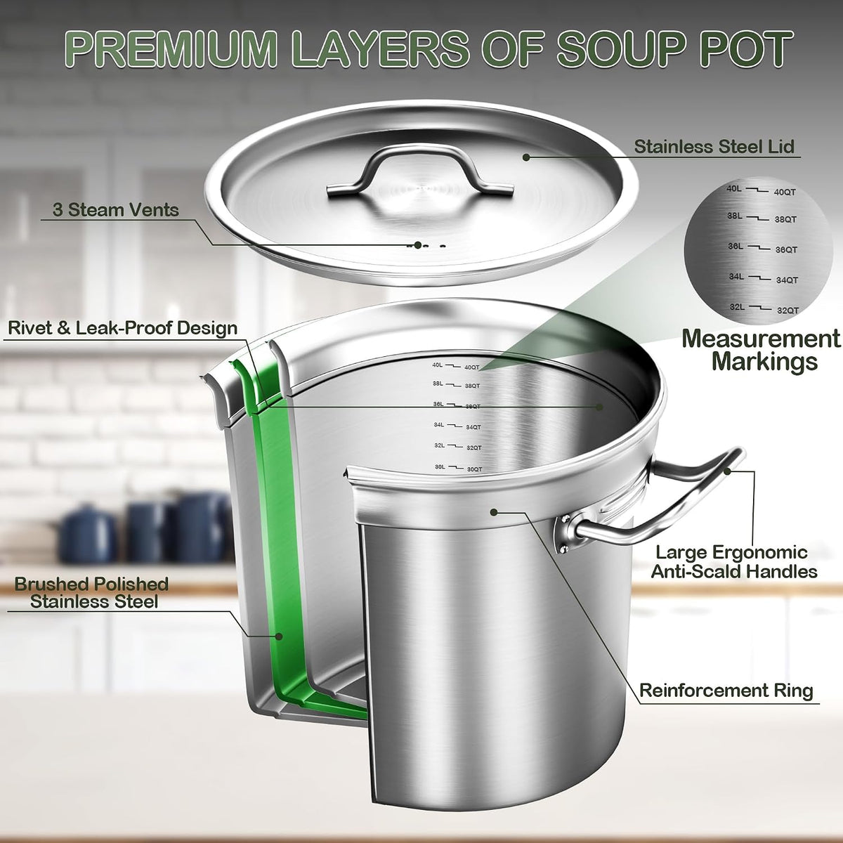Large Stock Pot-40QT Stainless Steel Stockpot with Lid, Heavy Duty Tri-Ply Bottom Commercial Grade Stock Pot &