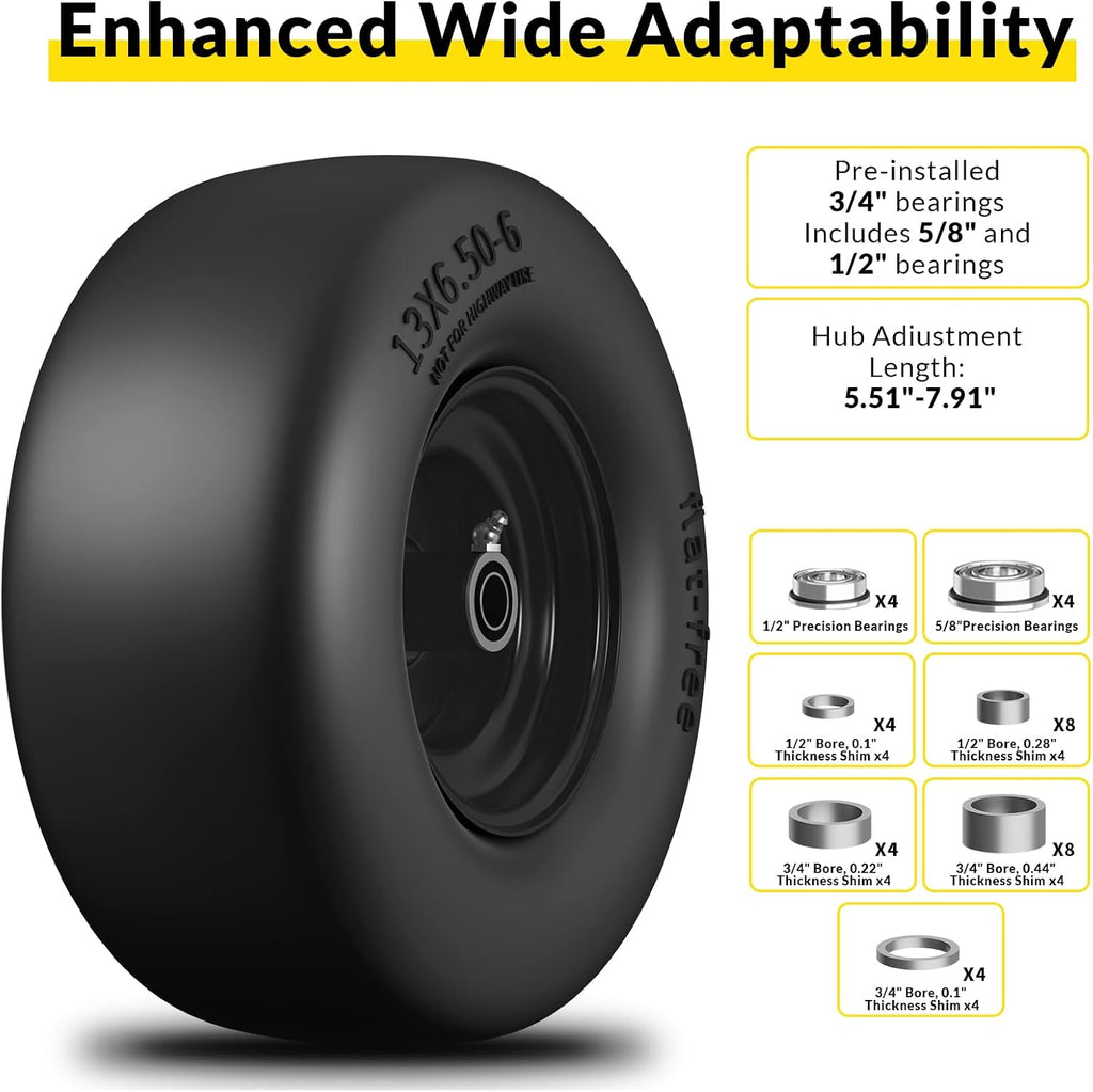 13x6.50-6 Flat Free Zero Turn Lawn Mower Tires, 500lb Load Capacity | Universal 3/4", 5/8", 1/2" Bearings