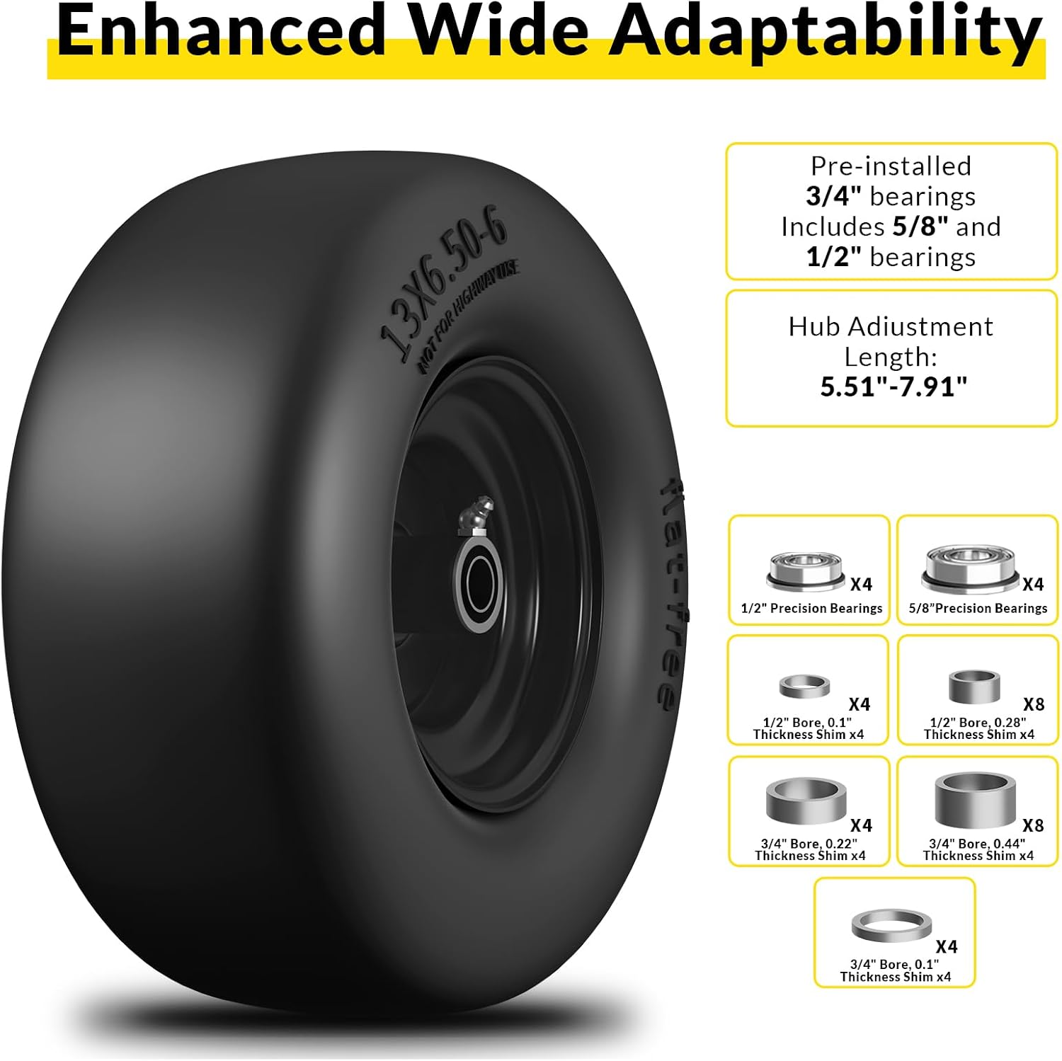 13x6.50-6 Flat Free Zero Turn Lawn Mower Tires, 500lb Load Capacity | Universal 3/4", 5/8", 1/2" Bearings