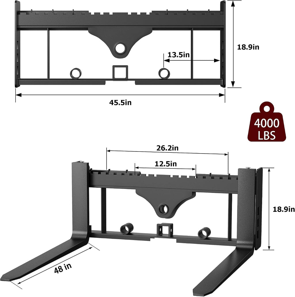 48" Fork Blades Skid Steer Pallet Fork Frame Attachment with | 3 Hay Spear Sleeves, 4000 Lbs 45" Pallet Fork Frame