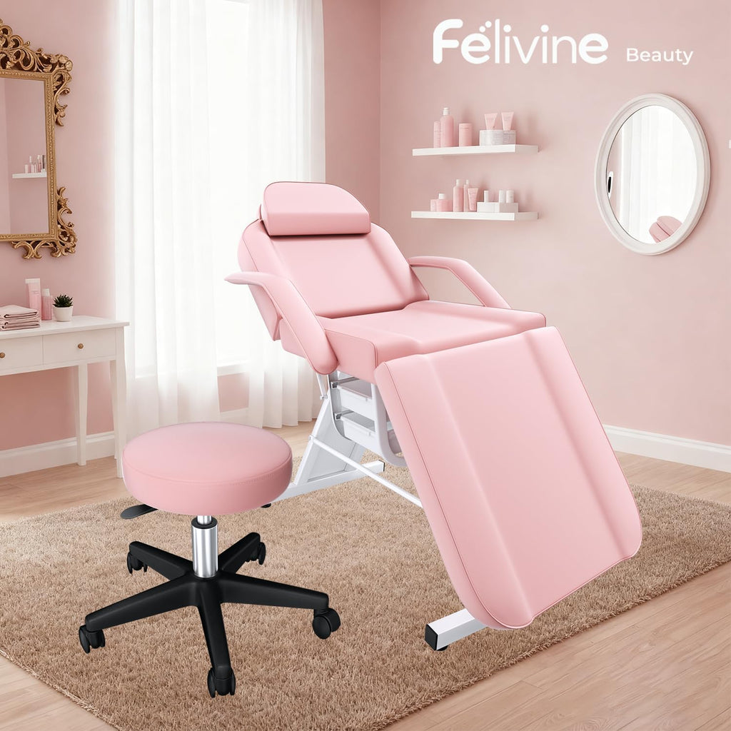 Pink Tattoo Chair for Client with Hydraulic Rolling Stool, Tattoo Client Chair Facial Bed Chairs for Esthetician