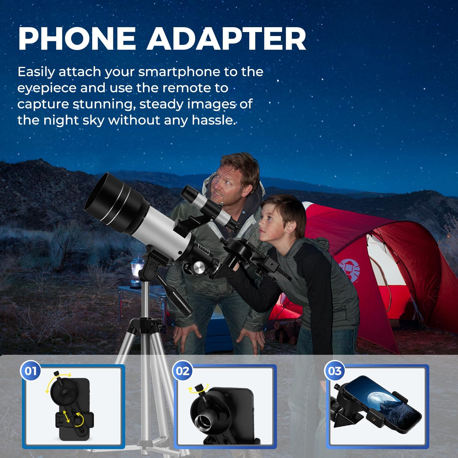 Telescope for Kids & Beginners, 70mm Aperture Portable Telescopes with 3 Eyepieces, Height Adjustable Tripod & Phone