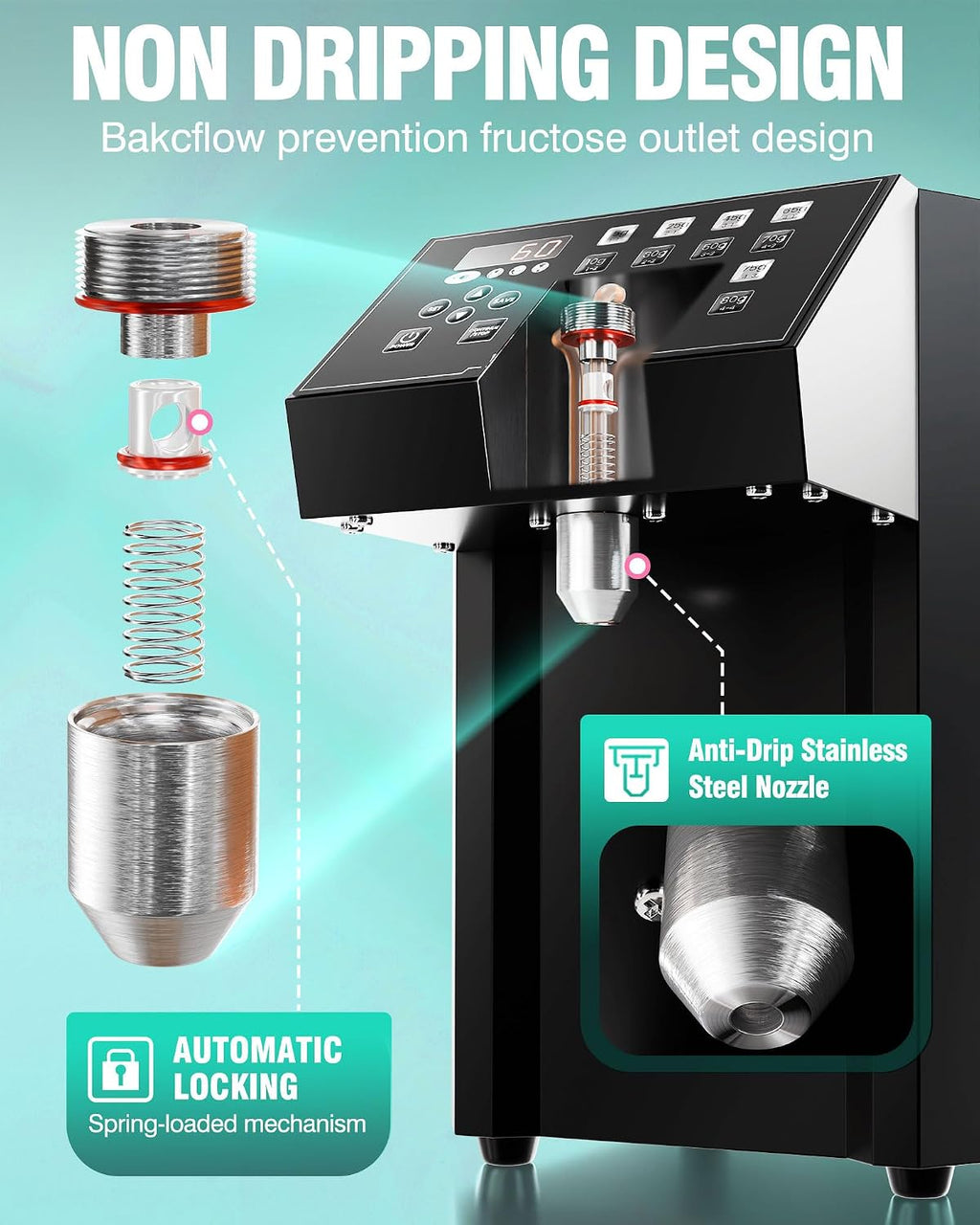 Fructose Dispenser - Automatic Fructose Machine with 16 Programmable Presets, Drip Tray, Measuring Cup & Mixing Stick