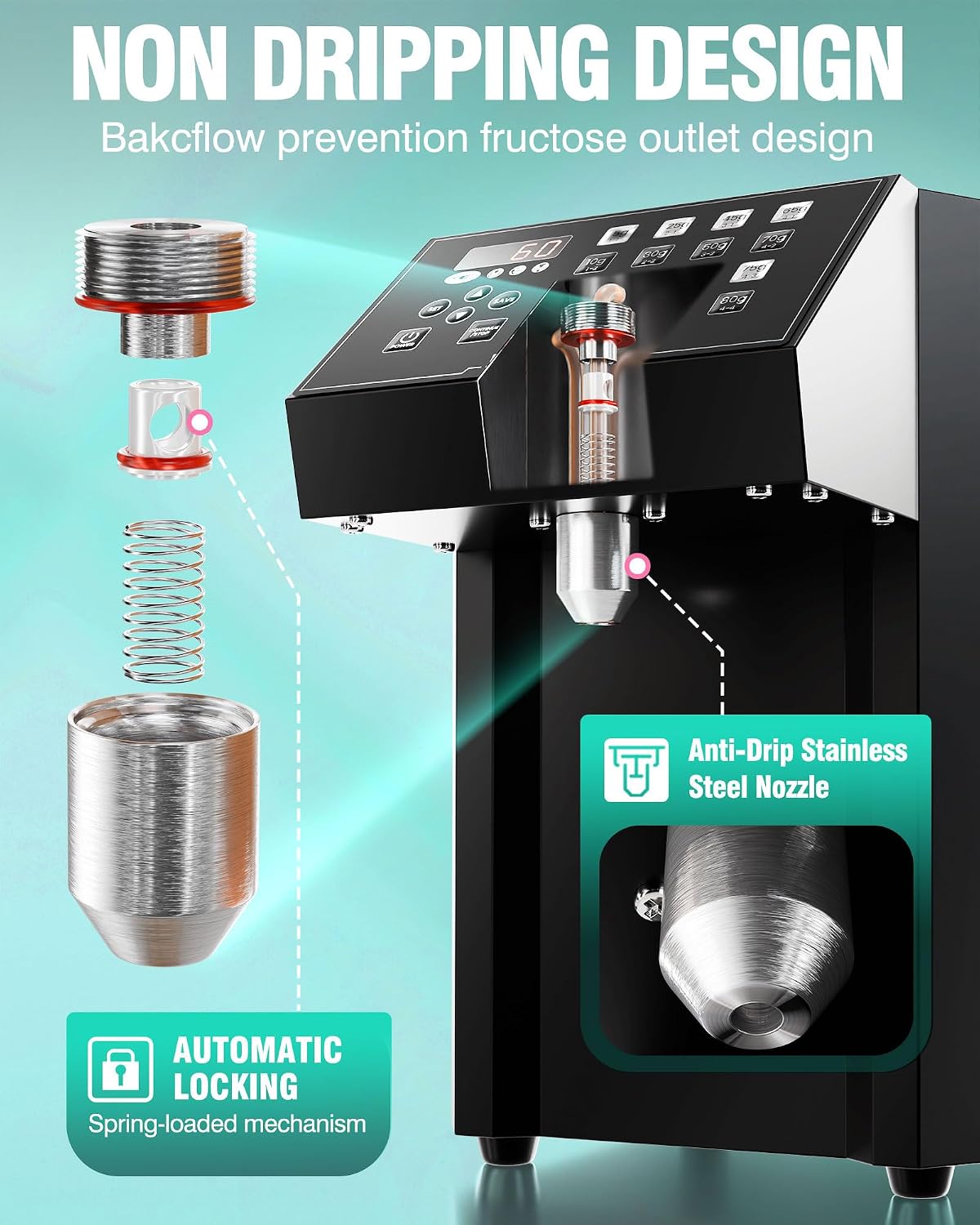 Fructose Dispenser - Automatic Fructose Machine with 16 Programmable Presets, Drip Tray, Measuring Cup & Mixing Stick
