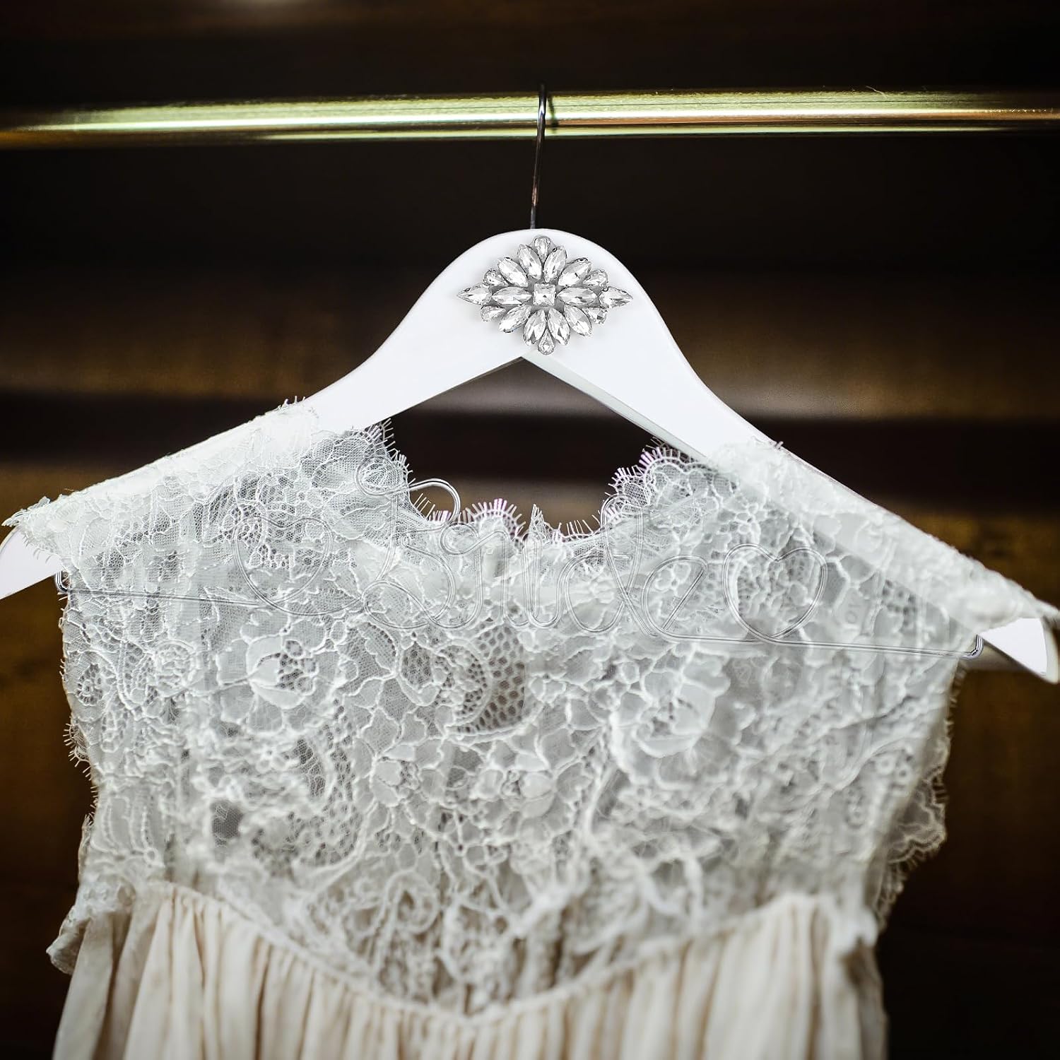 Wood Bridal Hanger for Wedding Dress,White,Rhinestone