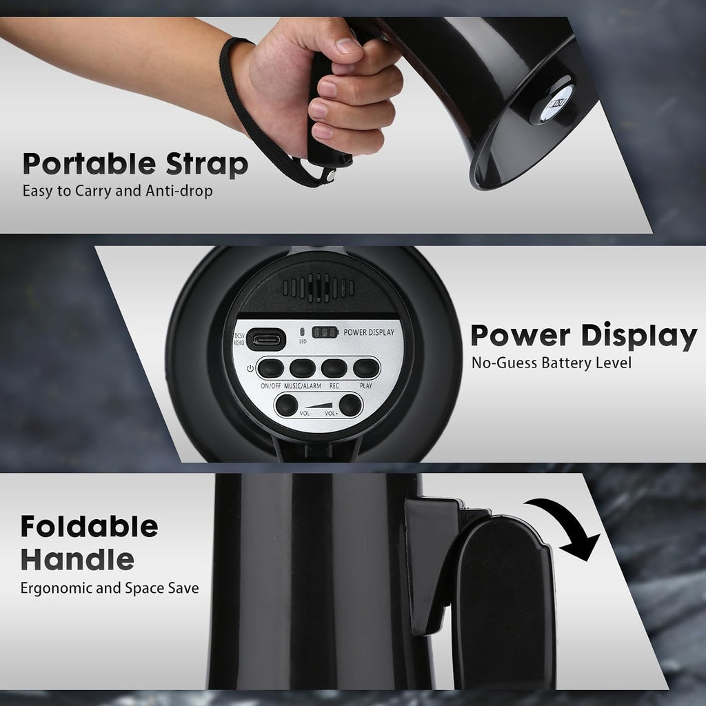 20 Watt Rechargeable Megaphone Bullhorn Speaker, Siren and 240s Recording, Portable Mega Phone with Power Display and