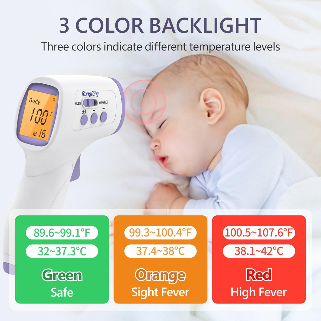 No-Touch Forehead Thermometer for Adults and Kids, Digital Thermometers with Fever Alarm, 3 Backlit and 32 Memories