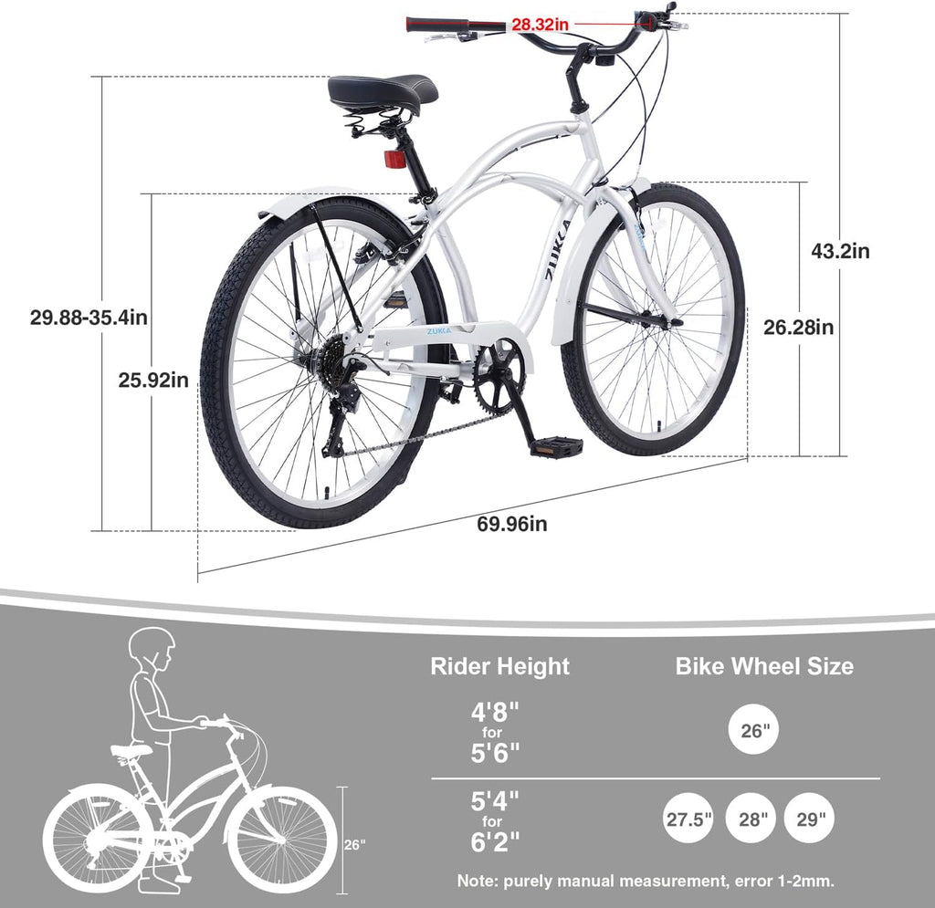 26 Inch Men's Beach Cruiser Bike Commuter Bicycle for Adult Men and Women with Dual V-Brake and Adjustable Seat, 7
