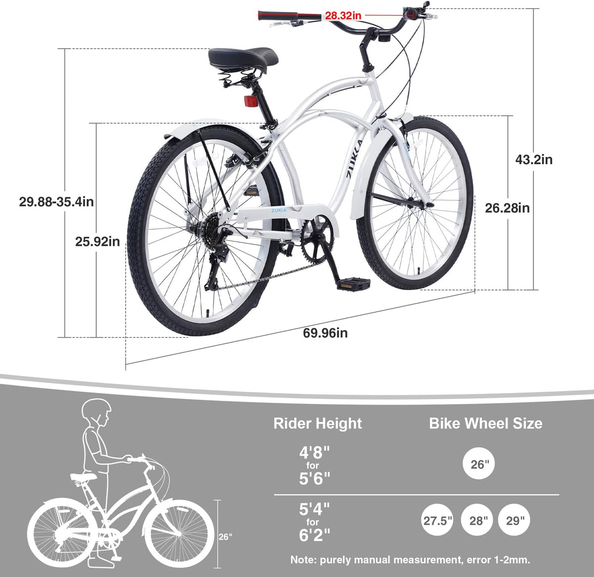 26 Inch Men's Beach Cruiser Bike Commuter Bicycle for Adult Men and Women with Dual V-Brake and Adjustable Seat, 7