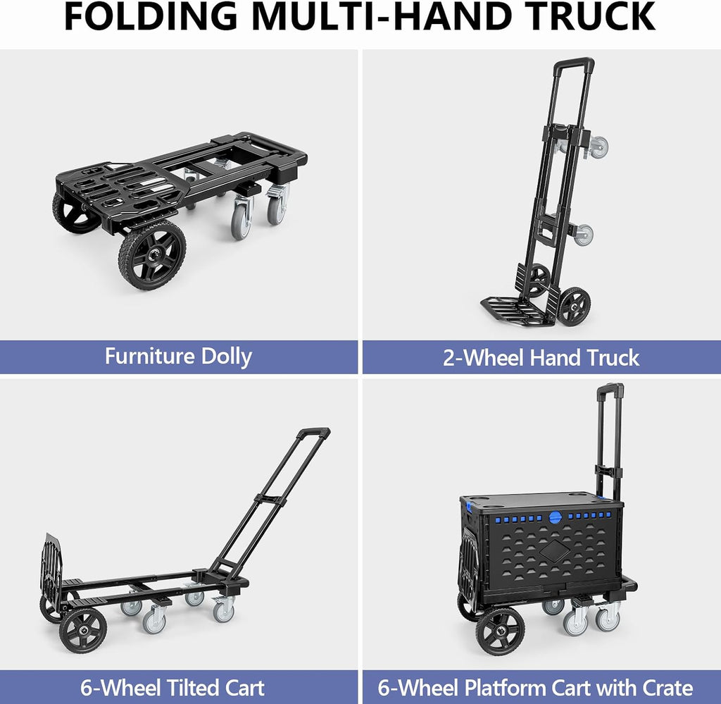 4-in-1 Convertible Dolly Cart with Folding Crate, 600LBS Heavy Duty Hand Truck Dolly, Hand Truck with Adjustable