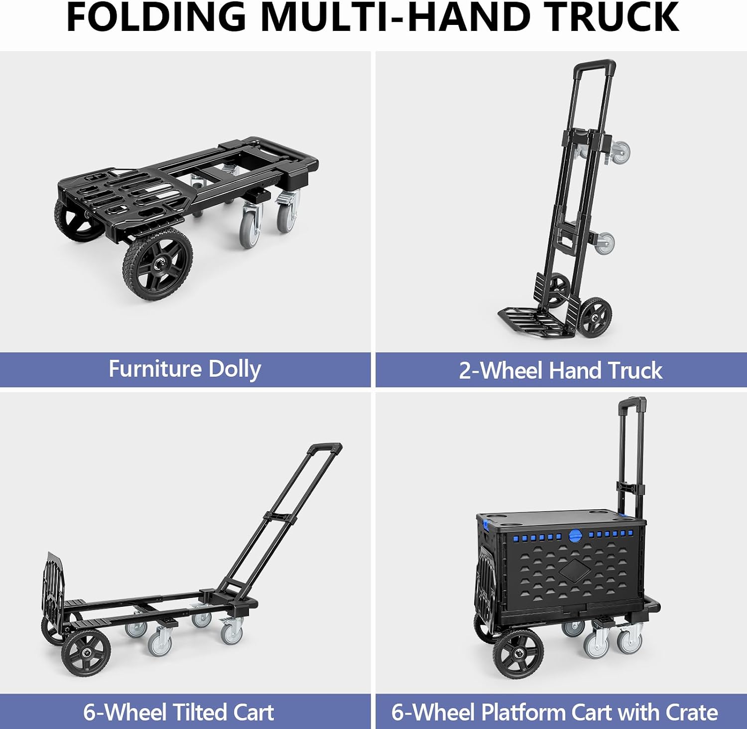 4-in-1 Convertible Dolly Cart with Folding Crate, 600LBS Heavy Duty Hand Truck Dolly, Hand Truck with Adjustable