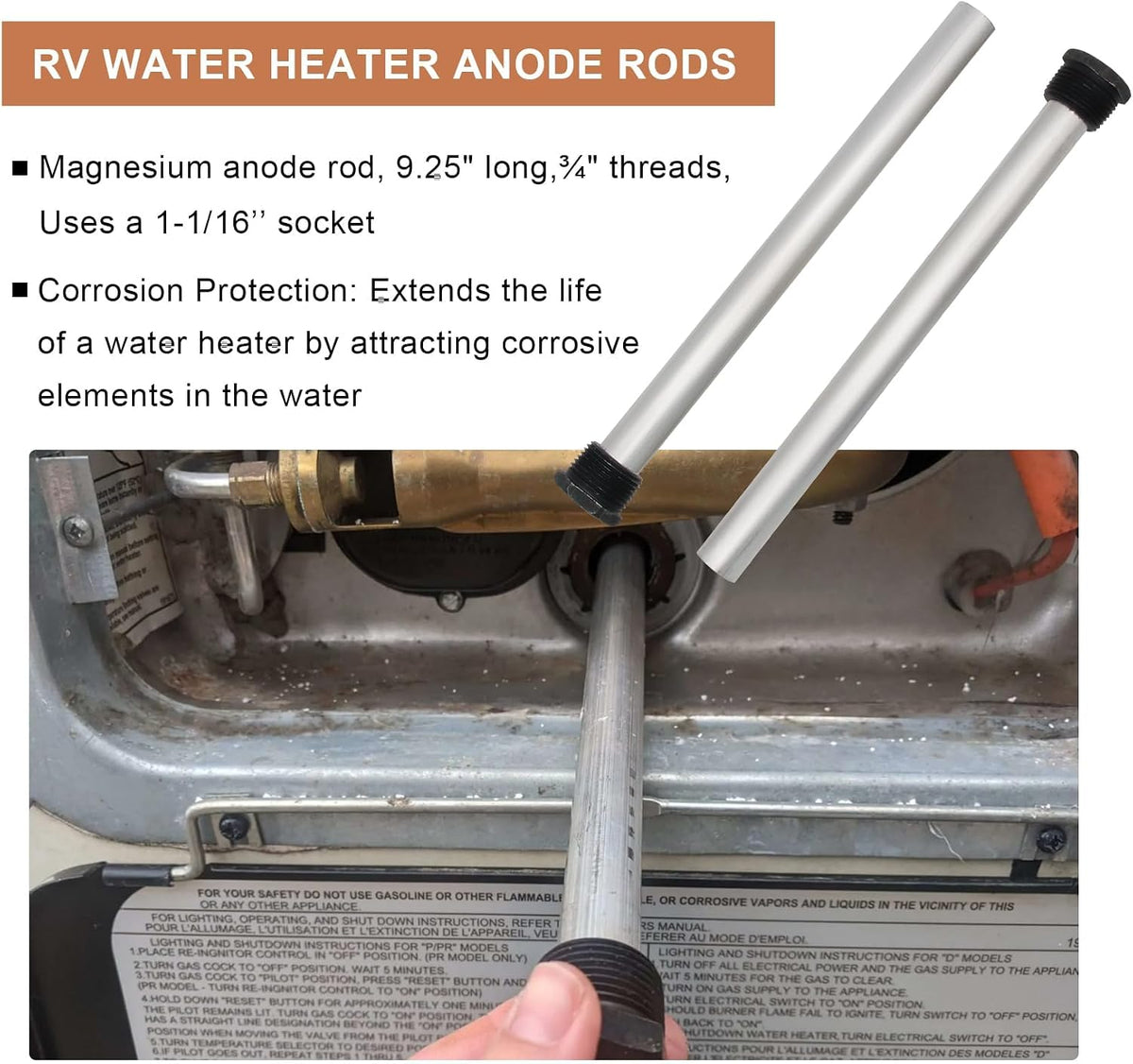 2 PCS RV Water Heater Anode Rods & 1-1/16 inch Socket, Camper Water Heater Aluminum/Zinc Anode Rod 3/4'' Thread 9.25 Length Replacement for Suburban and Morflo Water Heater Tanks