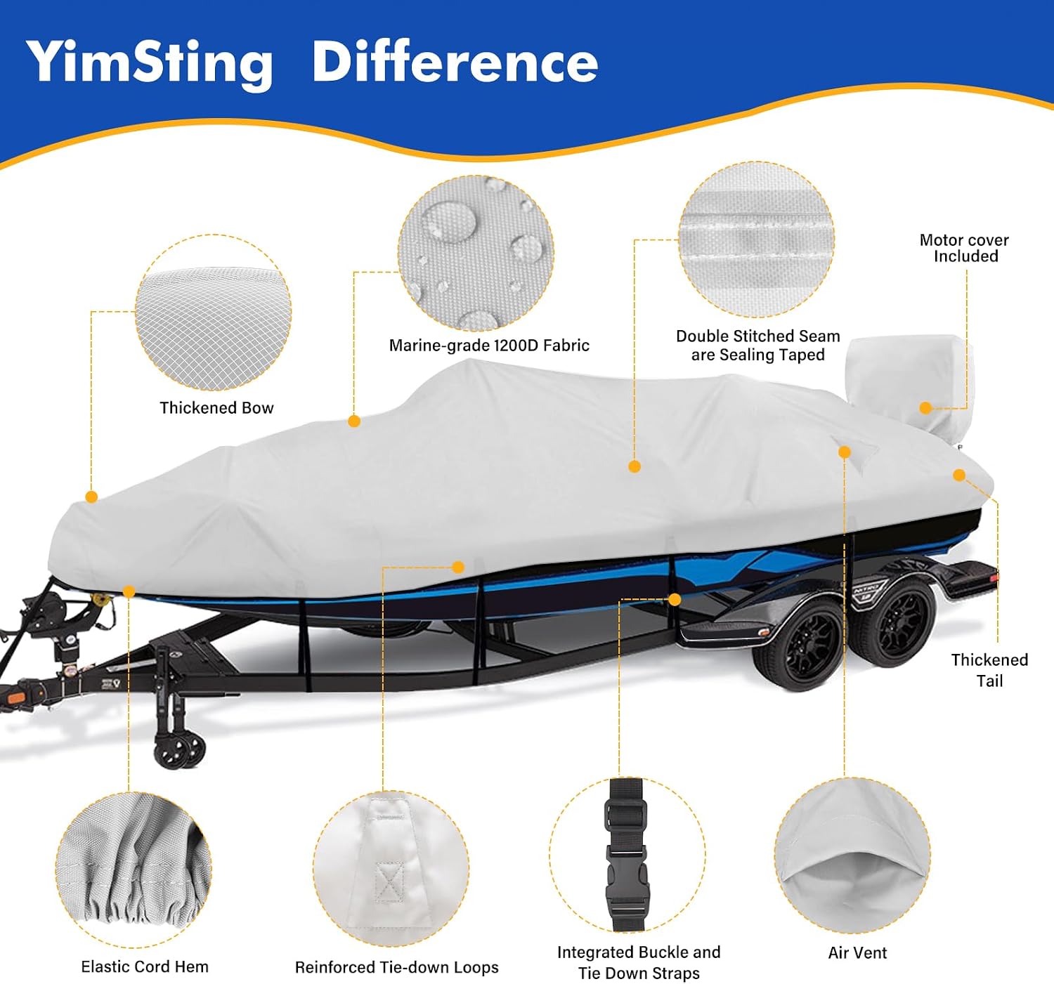 Boat Cover 16-18.5 ft, 1200D Waterproof V-Hull, Gray | Fits 16 foot 17ft 18 ft Bass Tracker Boat, Heavy Duty, UV &