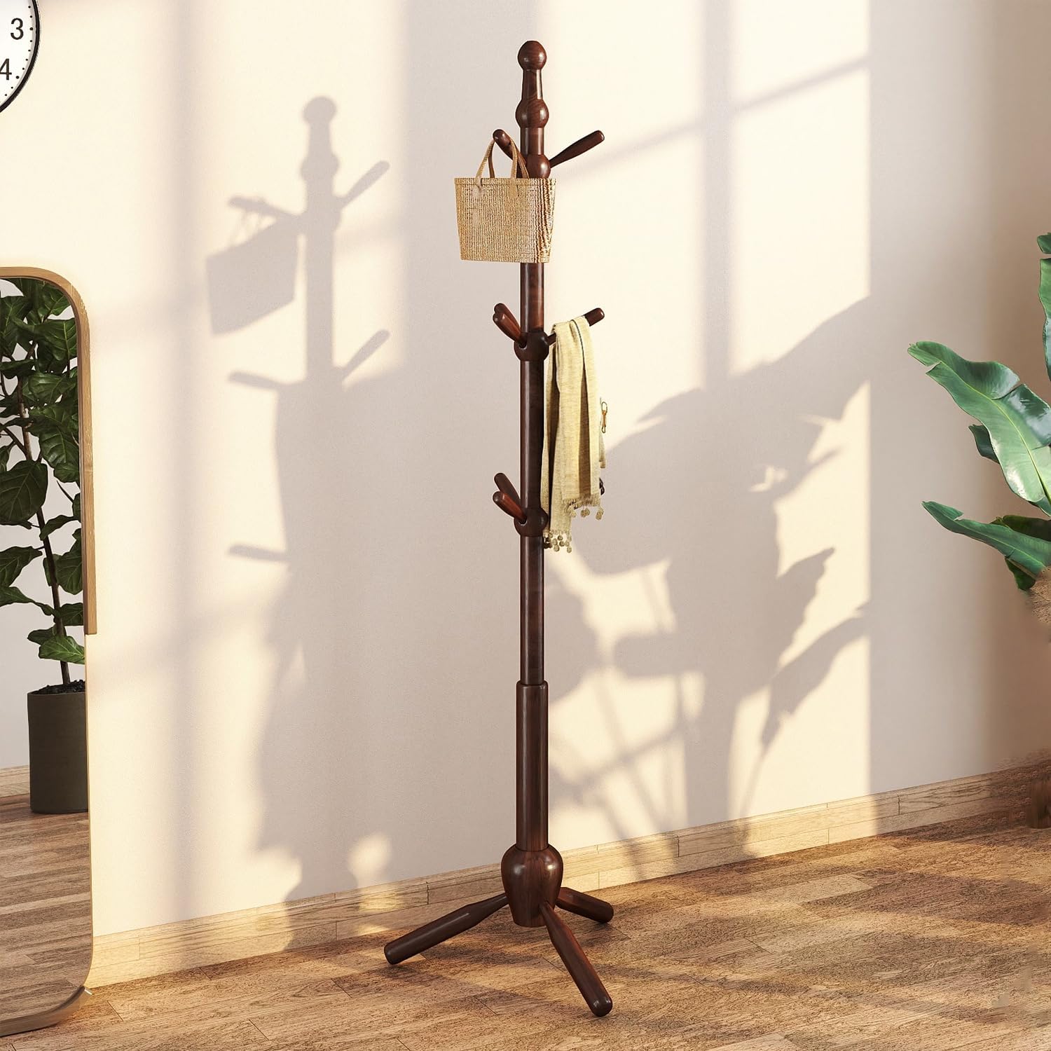 Solid Wood Coat Rack Stand, Vintage Heavy Duty Coat Hanger Stand with 9 Hooks, 3 Adjustable Size Sturdy Coat Tree for