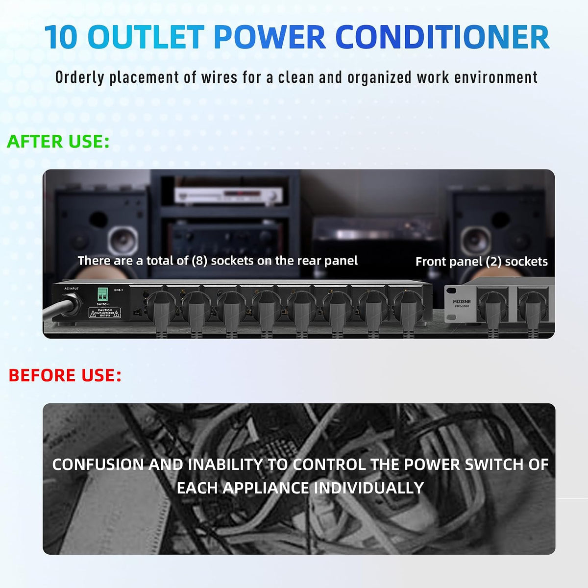 Power Conditioner, 20 Amps 10 Outlet Rack Mount Power Sequencer for Audio Equipment, 2000w Power Supply with 8