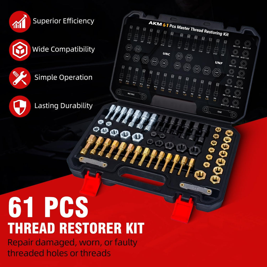 AKM 61Pcs Thread Restorer Kit, Rethread Repair Tool, UNC UNF & MetricThread Chaser Set with Thread Pitch Gauge